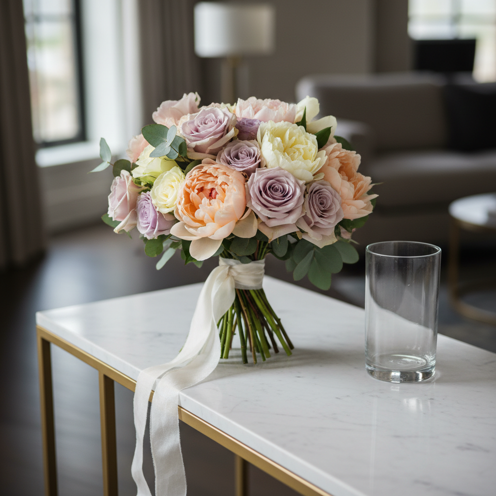 A close-up of a meticulously crafted wedding bouquet composed of muted pastel roses, peonies, and eucalyptus branches, wrapped in a fine silk ribbon with a barely-there shimmer. The bouquet is gently placed atop a smooth matte-finished marble console table beside a chic, minimalist glass vase with a hint of condensation. Ambient afternoon light, softly diffused, highlights the gentle gradients of the petals and amplifies the serene, elegant mood. Shot at an eye-level angle with shallow depth of field, the refined arrangement draws the eye to its artistry, evoking luxury and tailored event styling within a sophisticated, photographic image.