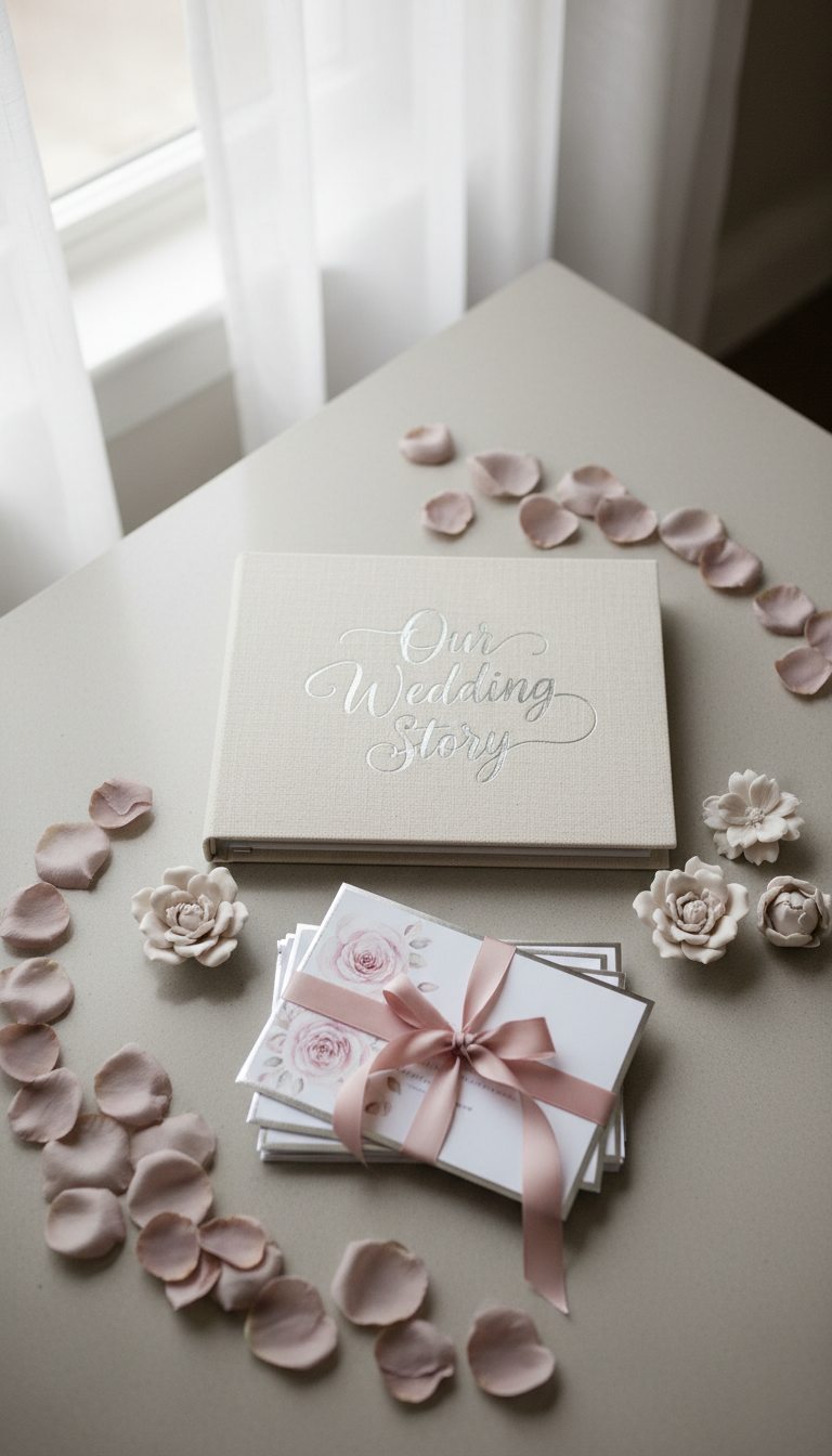 An intricately arranged set of wedding planning essentials, including a textured linen-bound planner with elegant silver embossing, delicate ribbon-tied invitation cards with soft blush accents, and pale porcelain floral decor. The items rest upon a smooth pale grey table adorned with muted mauve petals scattered in an artful yet minimalist manner. Soft natural daylight filters through nearby sheer drapes, illuminating subtle gradients and muted tones, and casting gentle, almost imperceptible shadows. Captured from a slightly elevated angle with a focused center and mildly blurred edges, the scene feels refined, calm, and purposefully organized—showcasing sophisticated, photographic realism perfect for a professional wedding planner business site.